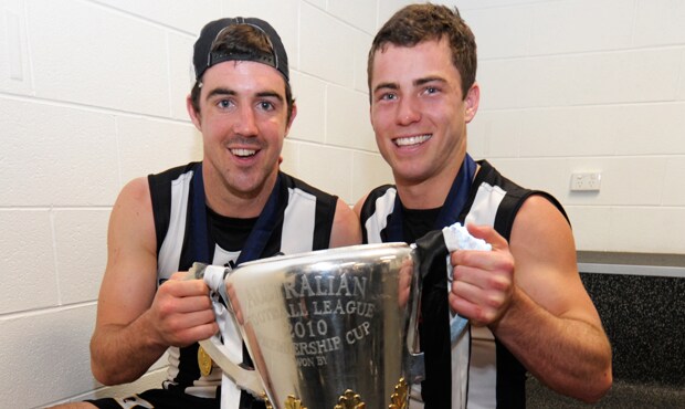 181025_blair620.png Steele Sidebottom and Jarryd Blair celebrate their 2010 premiership triumph in the MCG rooms after the match. - Collingwood,Collingwood Magpies,Jarryd Blair